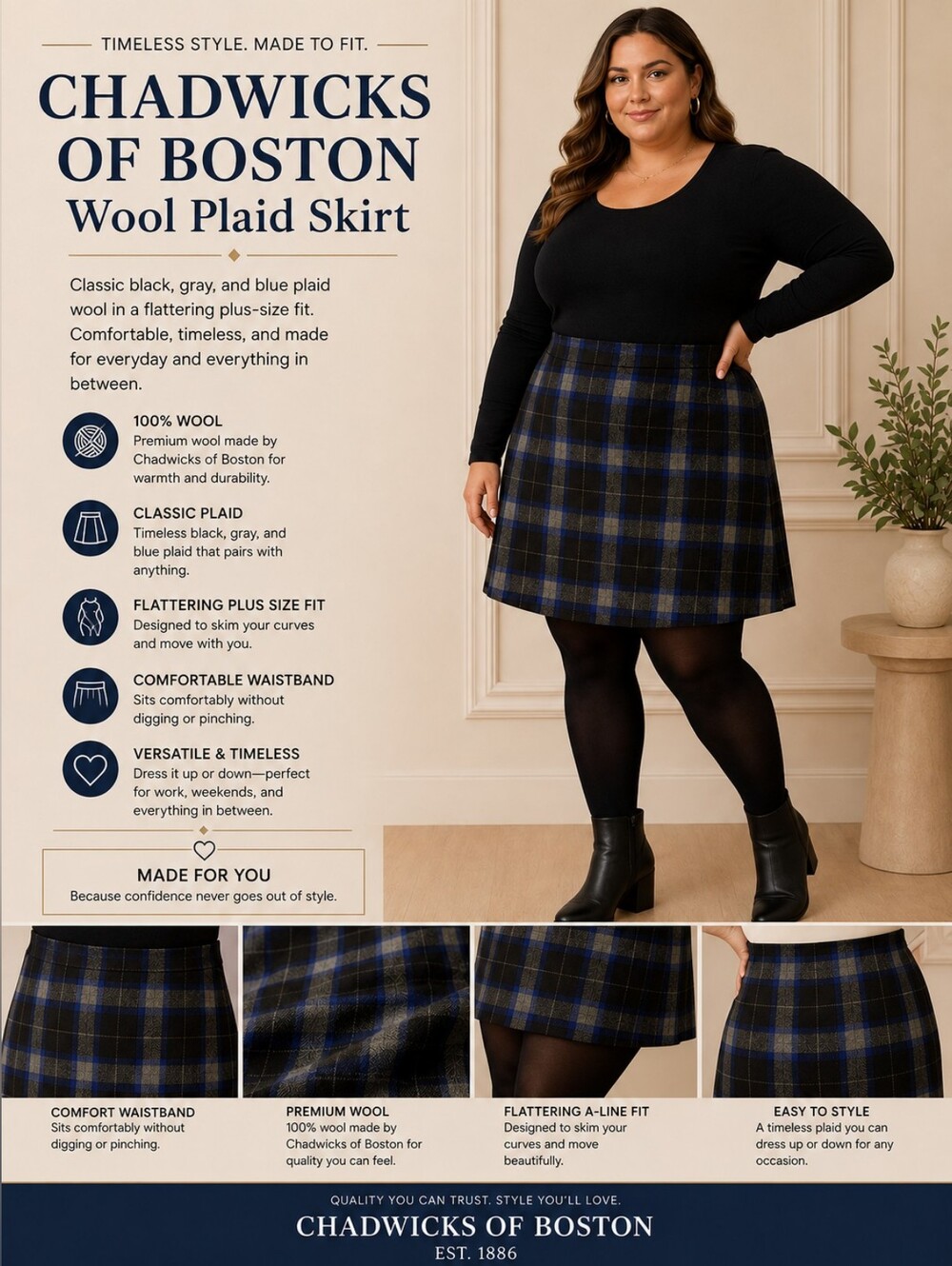 Vintage Chadwick's Black & Blue Plaid Wool Skirt Sz 24 W